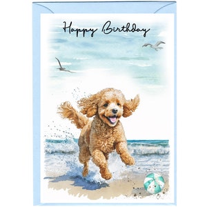 Biglietto "Happy Birthday" con cane barboncino albicocca (6"x 4") con busta. Vuoto all'interno per il tuo messaggio. Perfetto per ogni amante dei cani