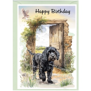 Biglietto "Happy Birthday" per cani Cockapoo/Doodle (nero) (6" x 4") con busta - Interno vuoto per il tuo messaggio. Perfetto per ogni amante dei cani