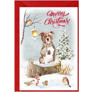 Tarjeta de Navidad para perros Staffordshire Bull Terrier (6" x 4") Interior en blanco - con sobre. Artículo perfecto para cualquier amante de los perros.