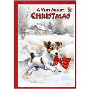 Biglietto natalizio con cane Jack Russell Terrier (6" x 4") interno vuoto - con busta. Articolo perfetto per ogni amante dei cani