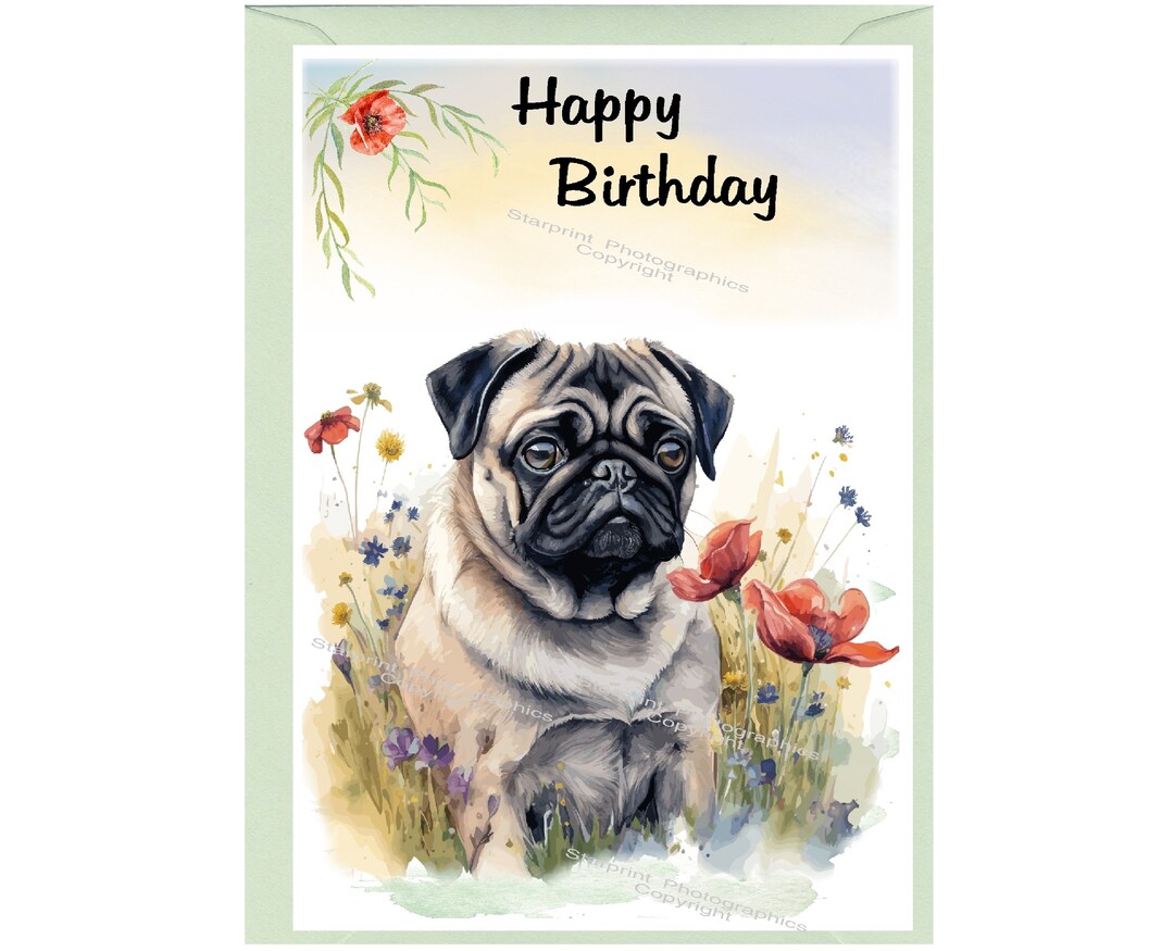Pug Dog "happy Birthday" Card (6" X 4") With Envelope - Blank Inside ...
