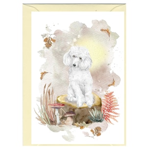 Gepersonaliseerde poedel (wit) hondenwenskaart (6 x 4 inch) met envelop.  Kaart kan indien gewenst blanco worden gelaten