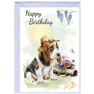 Biglietto "Happy Birthday" per cani Basset Hound (6" x 4") con busta - Interno vuoto per il tuo messaggio. L'intestazione può essere modificata se richiesto.
