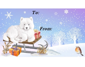 Samoyed Dog Christmas Gift Labels,  Peel Off Self adhesive, 2 Sheets of 21 Labels, 42 Labels in total