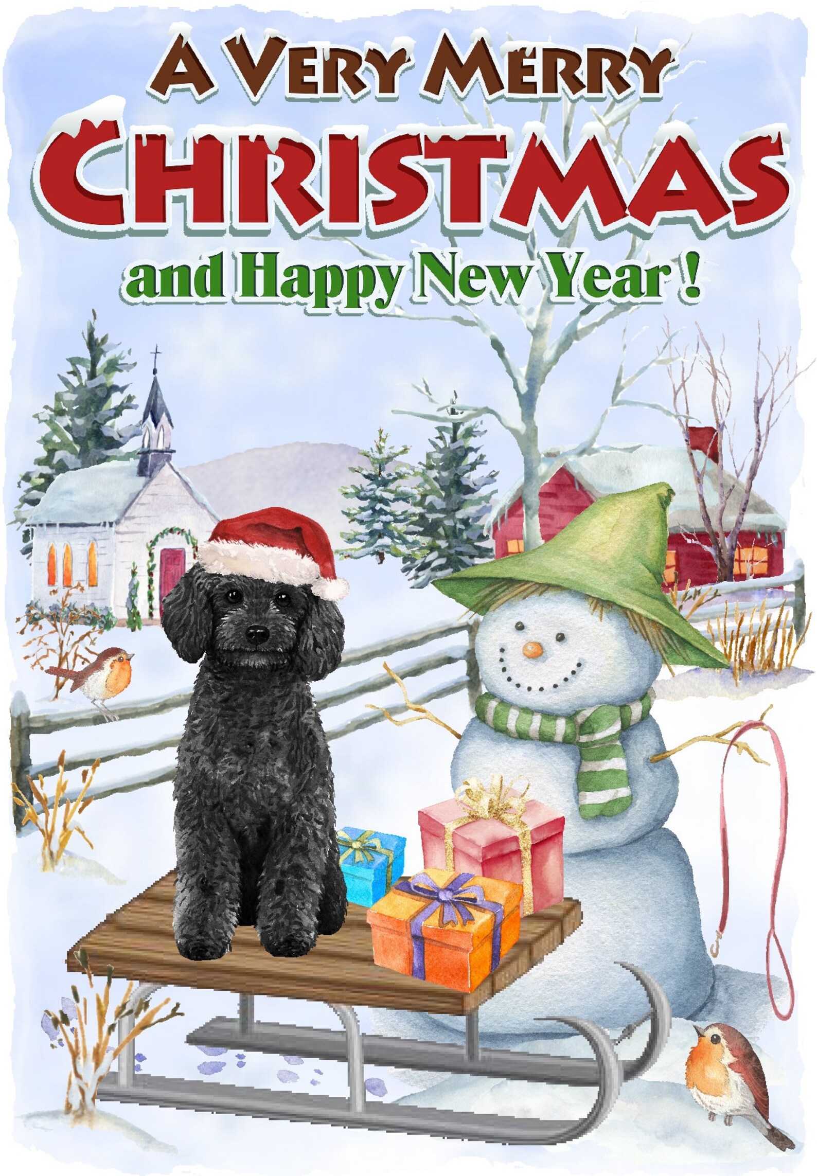 Poodle (black) Dog Christmas Card (6" X 4") Sleigh Design - Blank ...