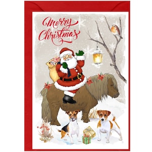 Tarjeta navideña con perros Jack Russell Terrier y Papá Noel montando un poni Shetland (6" x 4"). Interior en blanco, con sobre.