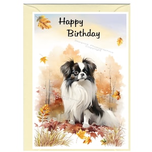 Biglietto "Happy Birthday" con cane Chin giapponese (6" x 4") con busta - Interno vuoto per il tuo messaggio. Perfetto per ogni amante dei cani