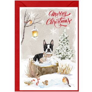 Carte de Noël Boston Terrier (6 x 4 po.) vierge à l'intérieur - avec enveloppe.  Article parfait pour tous les amoureux des chiens