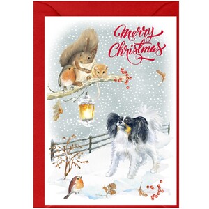 Papillon vlinder hond kerstkaart (6" x 4") blanco binnenkant - met envelop.  Perfect item voor elke hondenliefhebber