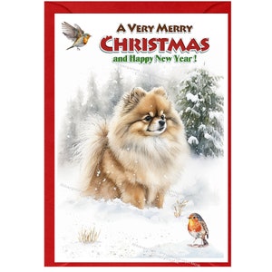 Carte de Noël chien de Poméranie (6 x 4 po.) vierge à l'intérieur - avec enveloppe.  Article parfait pour tous les amoureux des chiens