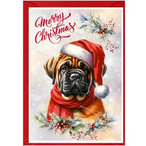 Tarjeta navideña con diseño de bullmastiff (15,24 x 10,16 cm), interior en blanco y con sobre. Artículo perfecto para cualquier amante de los perros