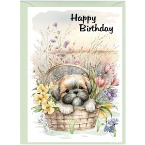 Biglietto "Happy Birthday" con cane Shih Tzu (6" x 4") con busta - Interno vuoto per il tuo messaggio. Perfetto per ogni amante dei cani