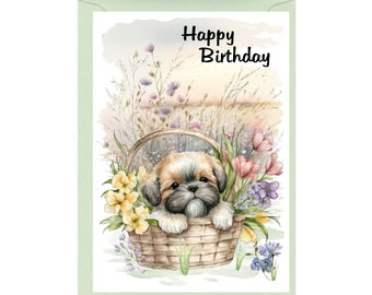 Tarjeta de "Feliz Cumpleaños" para Shih Tzu (15 x 10 cm) con sobre. Interior en blanco para tu mensaje. Perfecta para cualquier amante de los perros.
