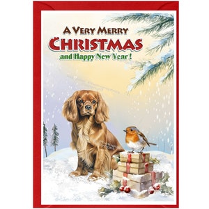 Cartão de Natal para Cachorro Cavalier King Charles Spaniel (Ruby) (6" x 4") Em branco por dentro - com Envelope. Item perfeito para qualquer amante de cachorro