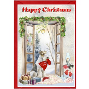 Carte de Noël métallique pour chien Fox Terrier (6 x 4 po.) vierge à l'intérieur - avec enveloppe.  Article parfait pour tous les amoureux des chiens