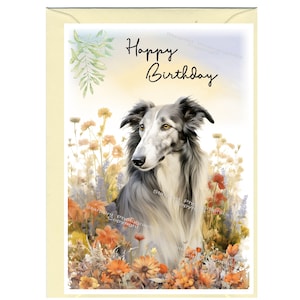Cartão de "feliz aniversario" do cão Borzoi (6" x 4") com envelope - anule o interior para sua própria mensagem. Perfeito para qualquer amante de cães