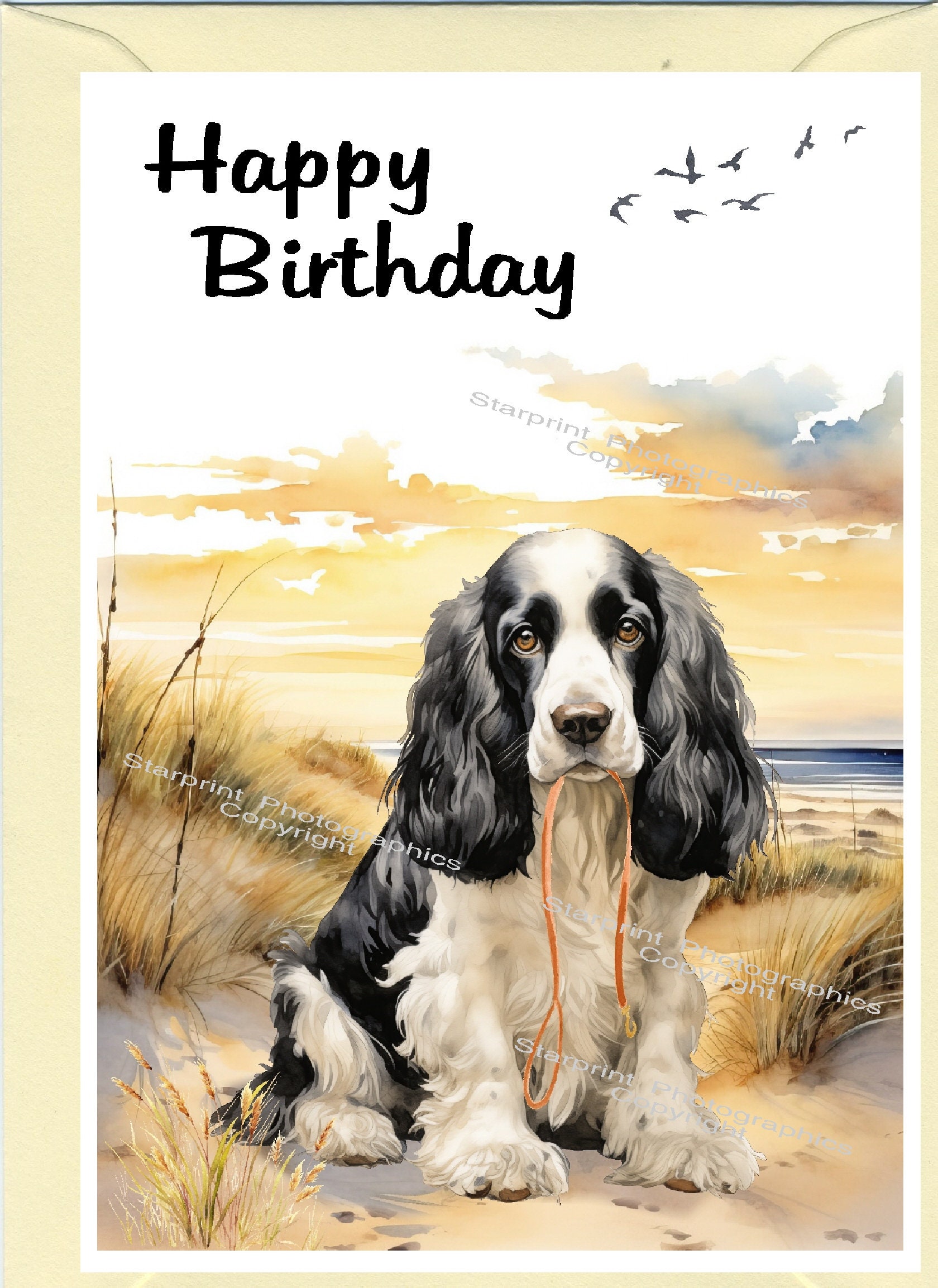 コッカー スパニエル (黒と白) 犬の「誕生日おめでとう」カード (6 インチ x 4 インチ)、封筒付き -  内側は空白で、独自のメッセージを書き込むことができます。 - Etsy 日本, image size:1680x2307