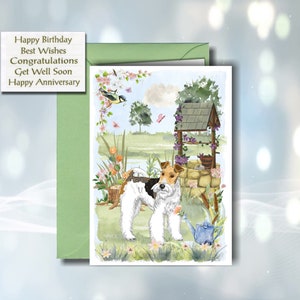 Wire Foxterrier Hund Blanko-Karte / Notelet (6 "x 4") mit Umschlag - Wishing Well Design." Perfekter Artikel für jeden Hundeliebhaber