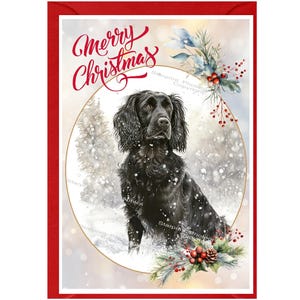 Tarjeta navideña con diseño de perro de trabajo Cocker Spaniel negro (15,24 x 10,16 cm). Interior en blanco y con sobre. Artículo perfecto para cualquier amante de los perros.