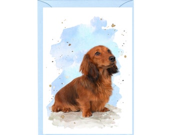 Personalised Dachshund Long Haired Red Dog Greetings Card /Notelet (6"x 4") with Envelope. Card can be left blank if preferred