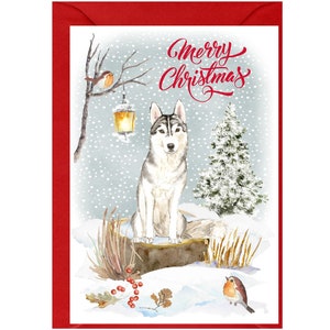 Kerstkaart Siberische huskyhond (6 x 4 inch) met blanco binnenkant - met envelop.  Perfect item voor elke hondenliefhebber