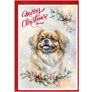 Tarjeta navideña con diseño de perro spaniel tibetano (15,24 x 10,16 cm), interior en blanco y con sobre. Artículo perfecto para cualquier amante de los perros