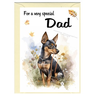 Biglietto di auguri vuoto/biglietto per PAPÀ a tema Pinscher nano (15,2 x 10,2 cm) con busta, ideale per la festa del papà, compleanno, ecc.
