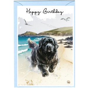 Biglietto "Happy Birthday" con cane Terranova (6"x 4") con busta. Vuoto all'interno per il tuo messaggio. Perfetto per ogni amante dei cani