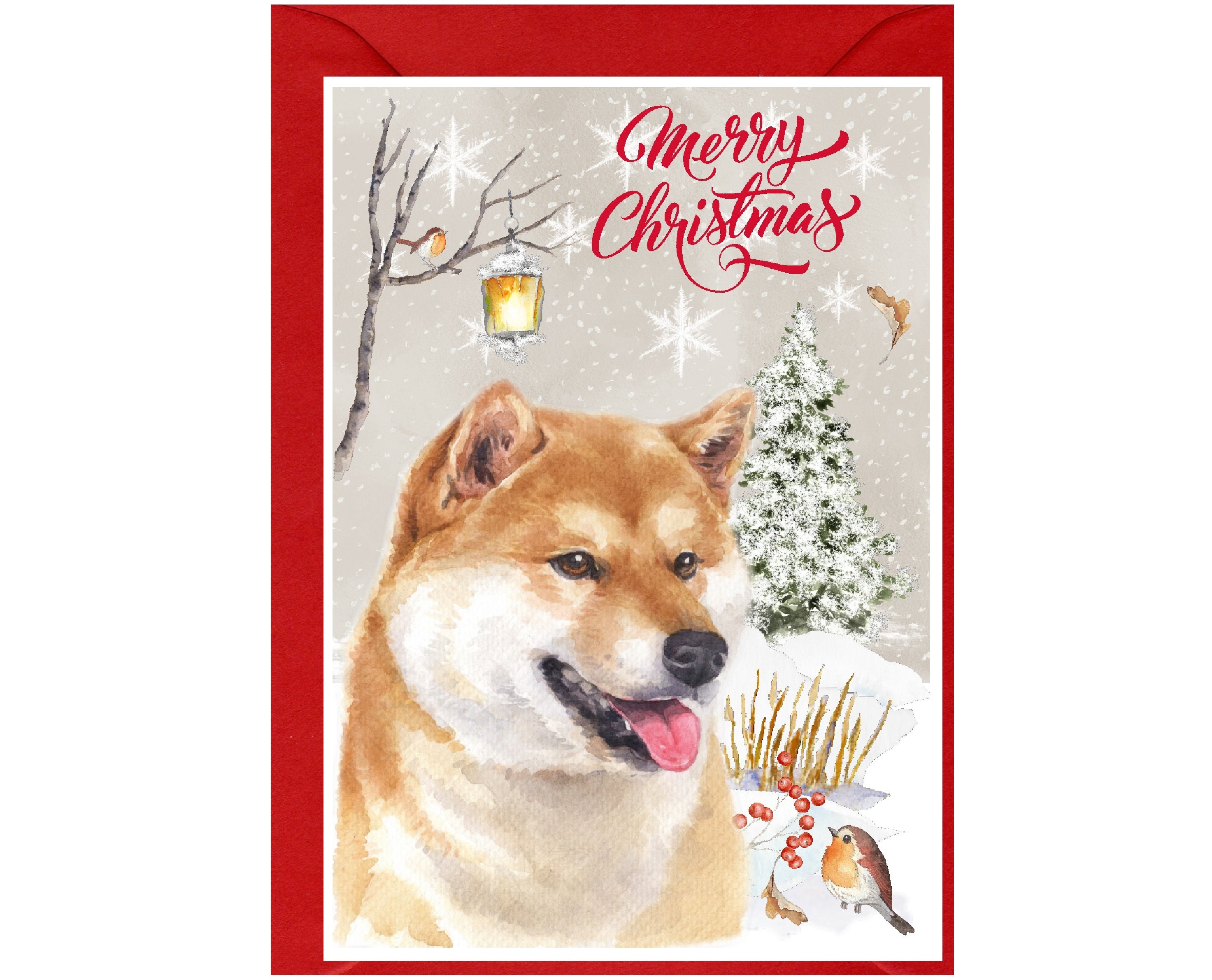 柴犬クリスマスカード（6インチ×4インチ）内側は白紙、封筒付き。犬