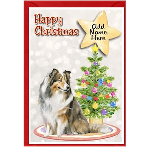 Tarjeta navideña personalizada con diseño de perro pastor de Shetland o perro sheltie (15,24 x 10,16 cm). Interior en blanco y con sobre. Artículo perfecto para cualquier amante de los perros.