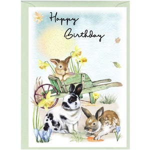 Cartão de "feliz aniversario" do coelho (6" x 4") com envelope - anule o interior para sua própria mensagem. Perfeito para qualquer amante dos animais