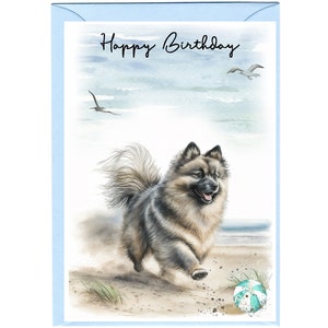 Carte « Joyeux anniversaire » Chien Keeshond (6 x 4 po.) avec enveloppe. Blanc à l'intérieur pour votre propre message. Parfait pour tous les amoureux des chiens