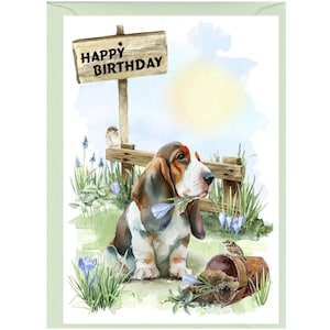 Biglietto "Happy Birthday" per cani Basset Hound (6" x 4") con busta - Interno vuoto per il tuo messaggio. Perfetto per ogni amante dei cani