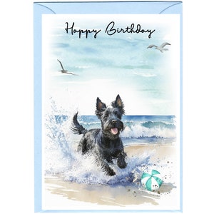 Tarjeta de feliz cumpleaños con un terrier escocés o un perro escocés (15,24 x 10,16 cm) con sobre. Interior en blanco para escribir tu propio mensaje. Perfecta para cualquier amante de los perros.
