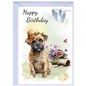 Biglietto "Happy Birthday" per cane Border Terrier (6"x 4") con busta. Vuoto all'interno per il tuo messaggio. L'intestazione può essere modificata se richiesto.