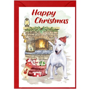 Bull Terrier (witte) hondenkerstkaart (6" x 4") met blanco binnenkant - met envelop.  Perfect item voor elke hondenliefhebber