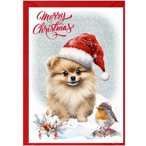 Carte de Noël chien de Poméranie (6 x 4 po.) vierge à l'intérieur - avec enveloppe.  Article parfait pour tous les amoureux des chiens