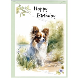 Tarjeta de feliz cumpleaños con diseño de perro Papillon (mariposa) (6" x 4") con sobre. Interior en blanco para escribir tu propio mensaje. Perfecta para cualquier amante de los perros