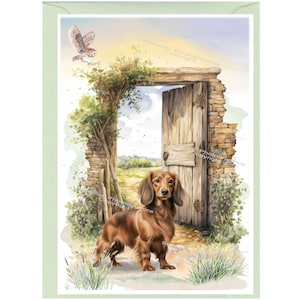 Gepersonaliseerde langharige rode hond wenskaart teckel (6 "x 4") met envelop.  Kaart kan indien gewenst blanco worden gelaten