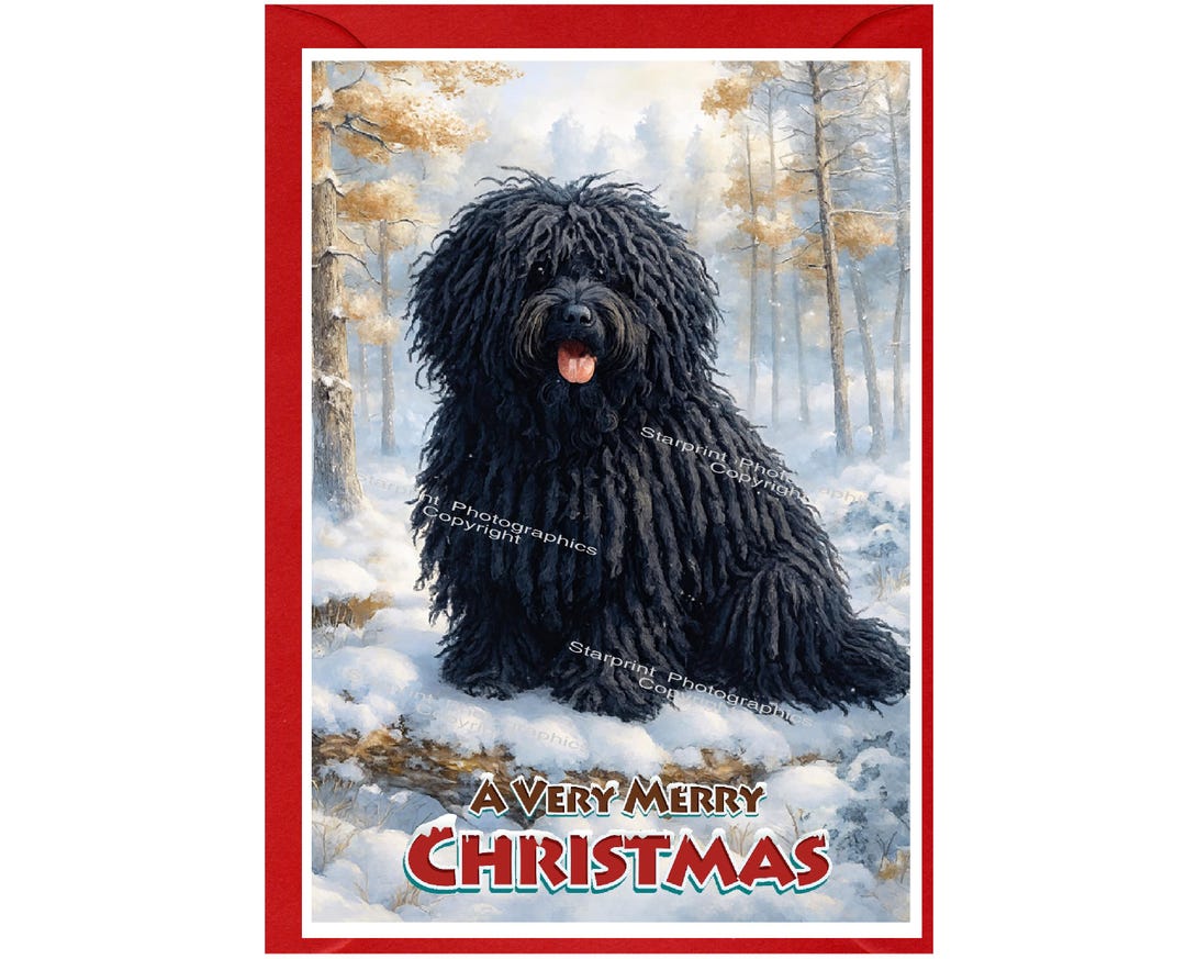 Hungarian Puli (black) Dog Christmas Card (6" X 4") Blank Inside - With ...