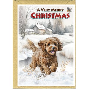 May include: A festive Christmas card with a brown dog frolicking in the snow. The card displays the text "A Very Merry Christmas" in red and white. The background depicts a snowy scene with buildings and trees.