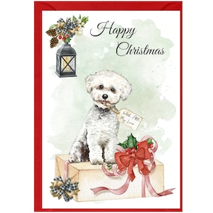 Carte de Noël chien bichon frisé (6 x 4 po.) vierge à l'intérieur - avec enveloppe. Article parfait pour tous les amoureux des chiens