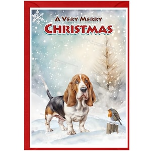 Basset Hound-kerstkaart (6" x 4"), blanco binnenkant - met envelop.  Perfect item voor elke hondenliefhebber