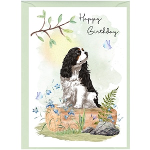 Carte « Joyeux anniversaire » chien Cavalier King Charles Spaniel (6 x 4 po.) avec enveloppe - Vierge à l'intérieur pour votre propre message.
