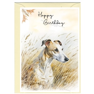 Carte « Joyeux anniversaire » Chien lévrier (6 x 4 po.) avec enveloppe - Vierge à l'intérieur pour votre propre message. Parfait pour tous les amoureux des chiens.