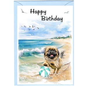Biglietto "Happy Birthday" cane pechinese/peke (6"x 4") con busta. Vuoto all'interno per il tuo messaggio. Perfetto per ogni amante dei cani