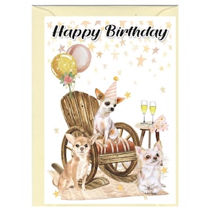 Tarjeta "Feliz cumpleaños" del perro chihuahua (6"x 4") con sobre. Espacio en blanco dentro para tu propio mensaje. Perfecto para cualquier amante de los perros.