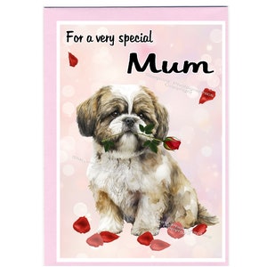 Biglietto di auguri vuoto/biglietto per la MAMMA con cane Shih Tzu (6" x 4") con busta - Ideale per la festa della mamma, compleanno, ecc.