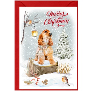 Cocker-spaniël (goud) hond kerstkaart (6" x 4") blanco binnenkant - met envelop.  Perfect item voor elke hondenliefhebber