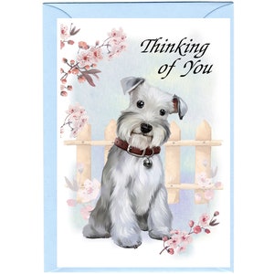 Carte « Je pense à vous » chien schnauzer nain (6 x 4 po.) avec enveloppe - vierge à l'intérieur pour votre propre message. Parfait pour tous les amoureux des chiens